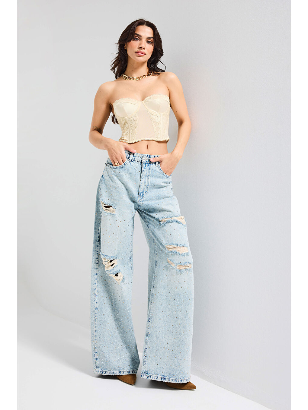 Mavi Kadın Jean Rengi T-12s6-32 Süper Baggy Orta Bel Parlak Taşlı Özel Tasarım Denim Jean-3