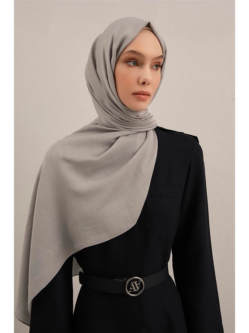 Gri Logo Bordürlü Pamuk İpek Şal 23-1