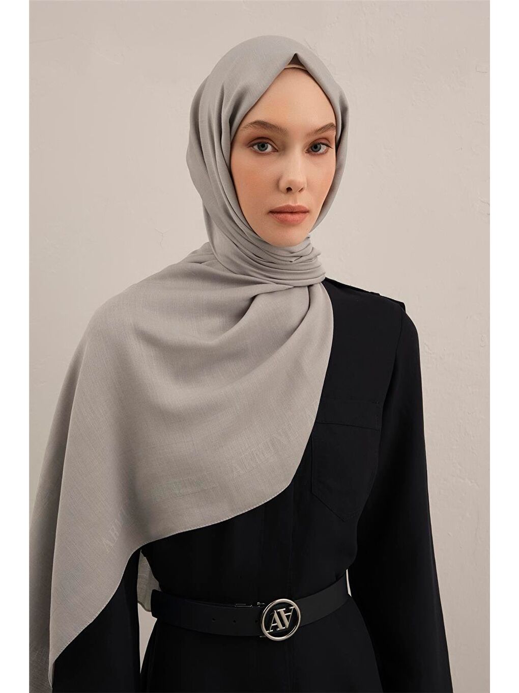 Gri Logo Bordürlü Pamuk İpek Şal 23-2
