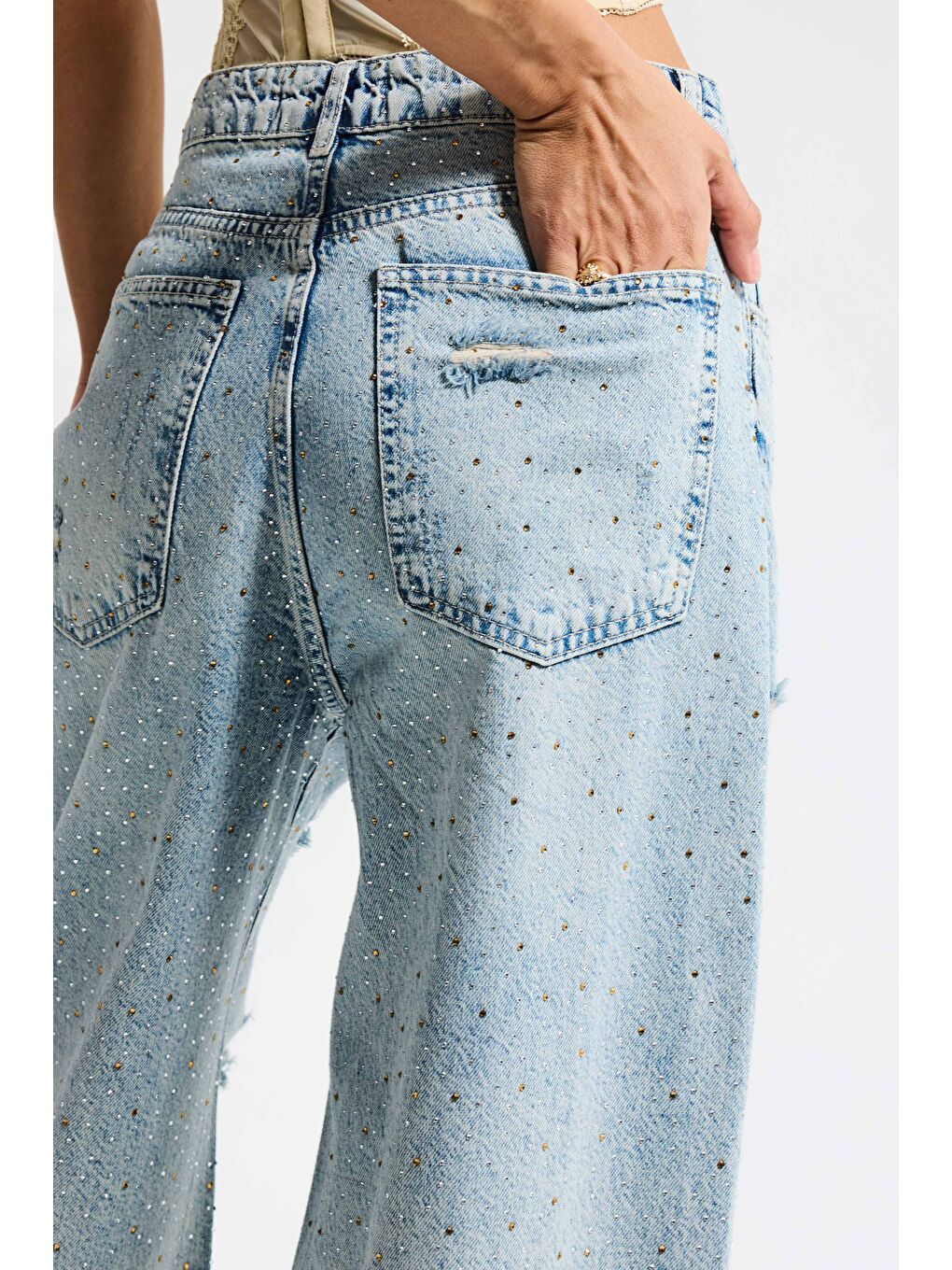 Mavi Kadın Jean Rengi T-12s6-32 Süper Baggy Orta Bel Parlak Taşlı Özel Tasarım Denim Jean-4