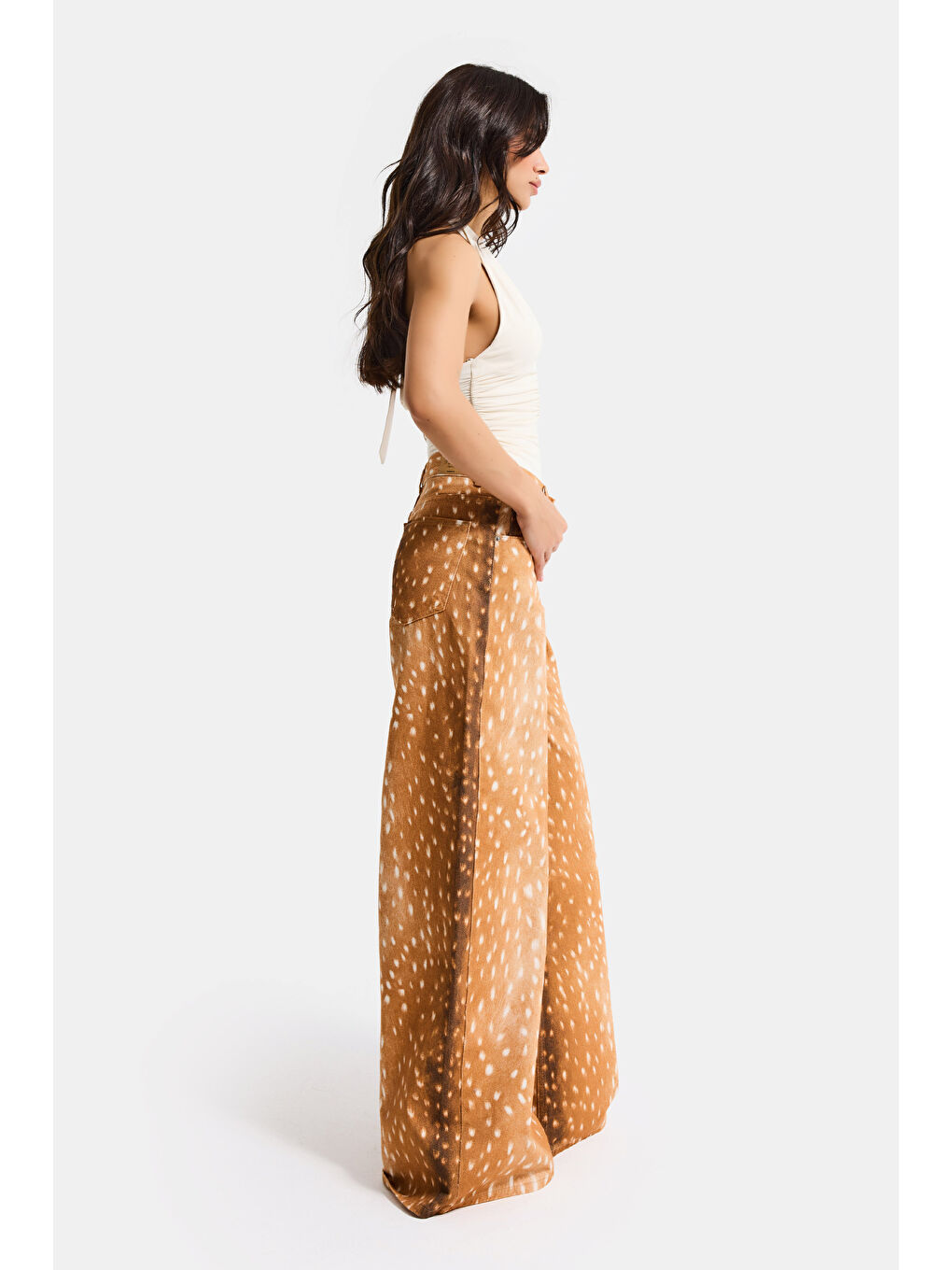 Kahverengi Kadın Kahve 7s6 Bambi Desen Palazzo Fit Özel Kumaş Tasarım Denim Jean-6