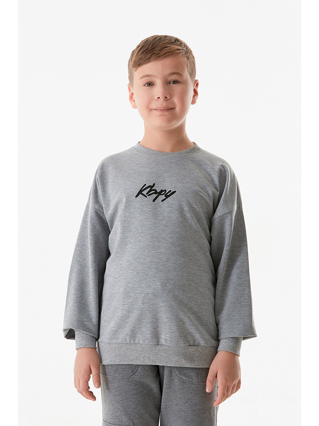 Gri Önü Ve Arkası Baskılı Bisiklet Yaka Erkek Çocuk Sweatshirt