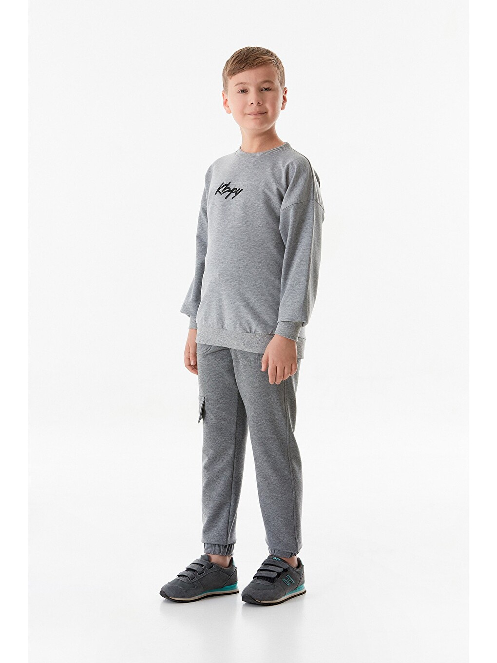 Gri Önü Ve Arkası Baskılı Bisiklet Yaka Erkek Çocuk Sweatshirt-1