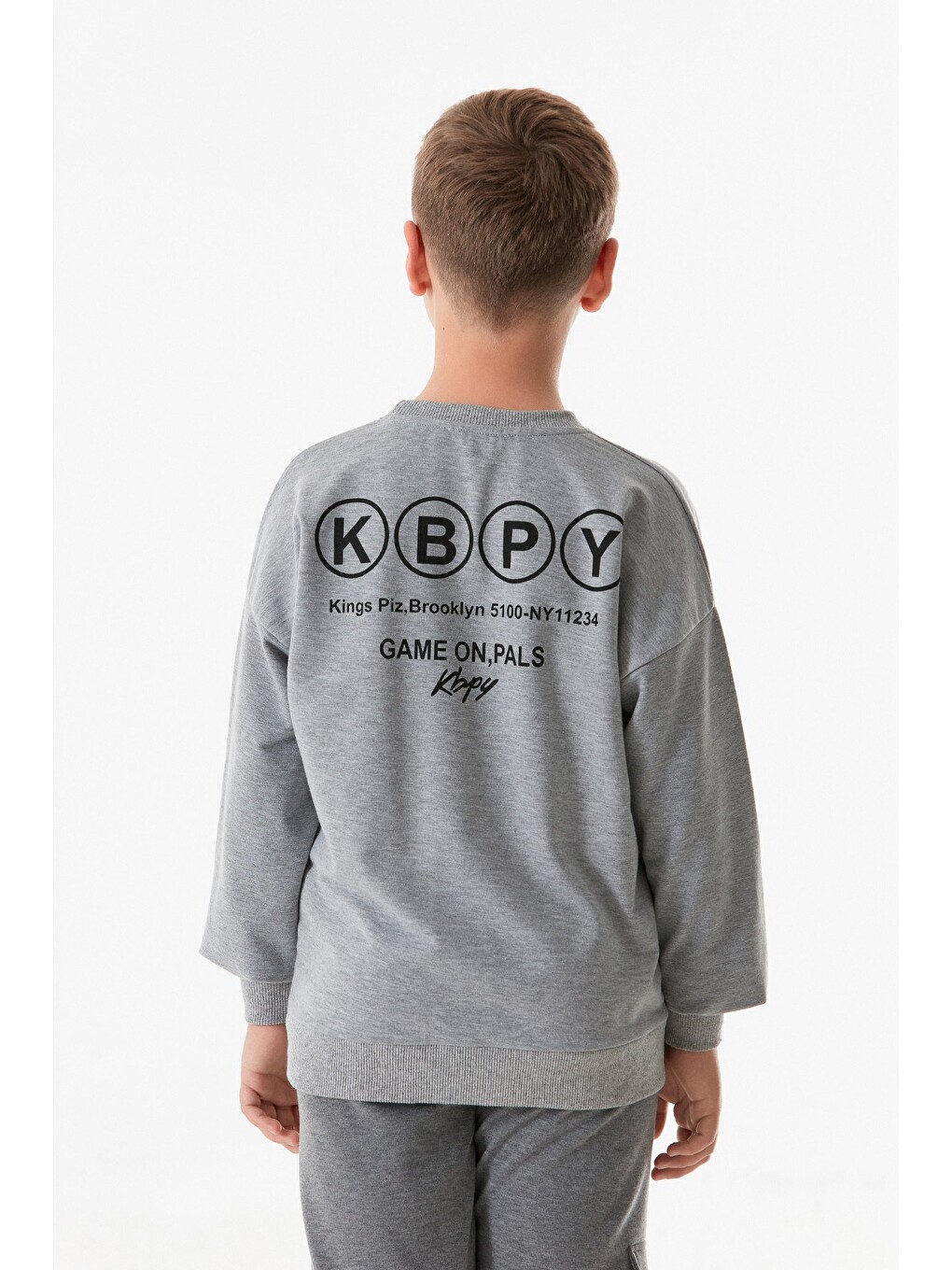 Gri Önü Ve Arkası Baskılı Bisiklet Yaka Erkek Çocuk Sweatshirt-2