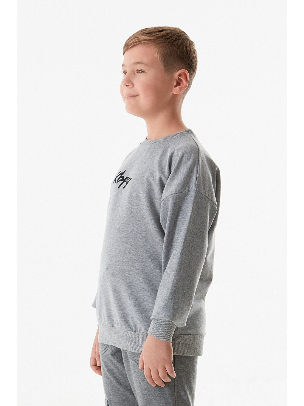 Gri Önü Ve Arkası Baskılı Bisiklet Yaka Erkek Çocuk Sweatshirt-3