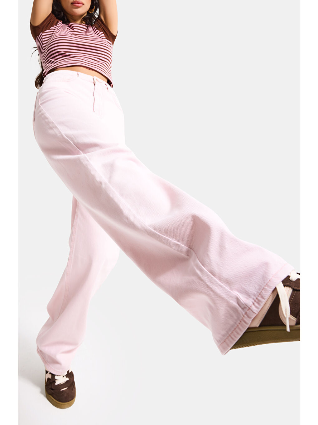 Kadın Pembe 3s6-98 Loose Fit Orta Bel %100 Pamuk Denim Jean-1