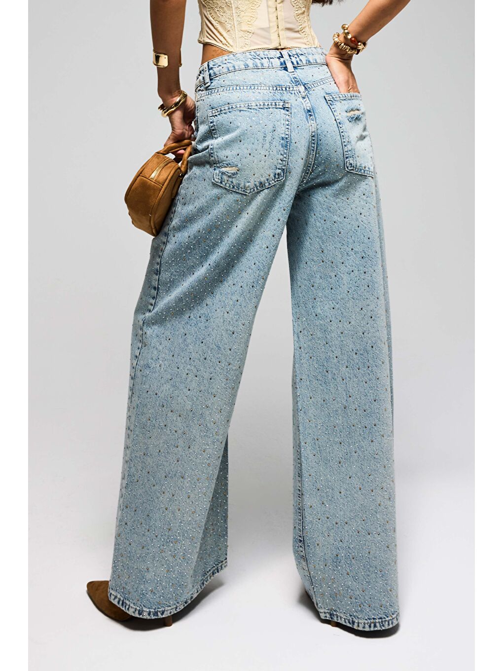 Mavi Kadın Jean Rengi T-12s6-32 Süper Baggy Orta Bel Parlak Taşlı Özel Tasarım Denim Jean-6