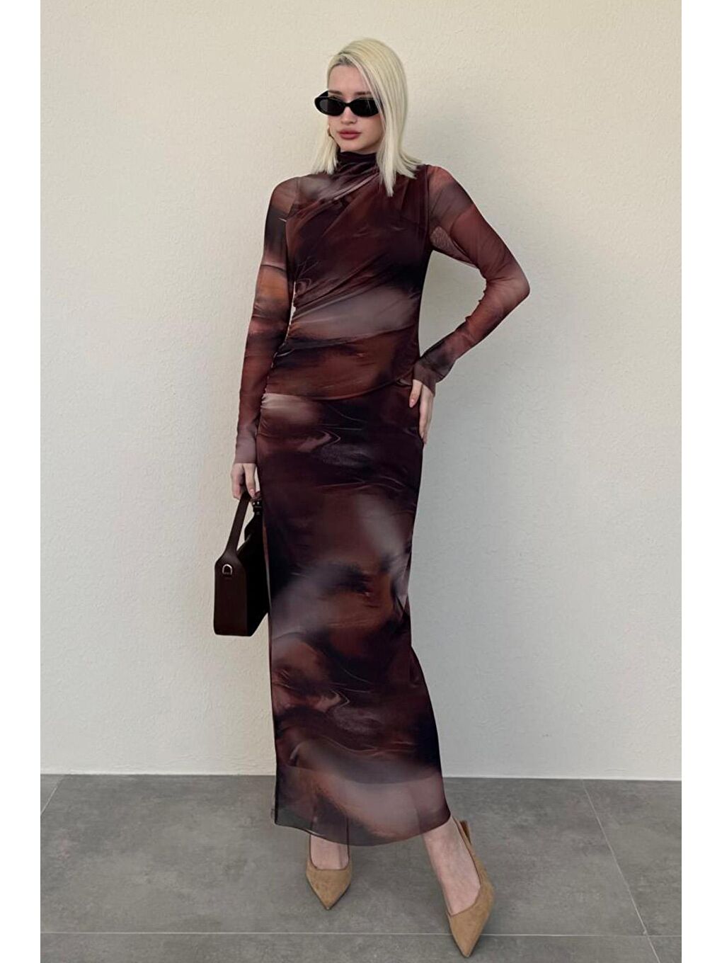 Kahverengi Desenli Uzun Kollu Tül Elbise Mg2008-1