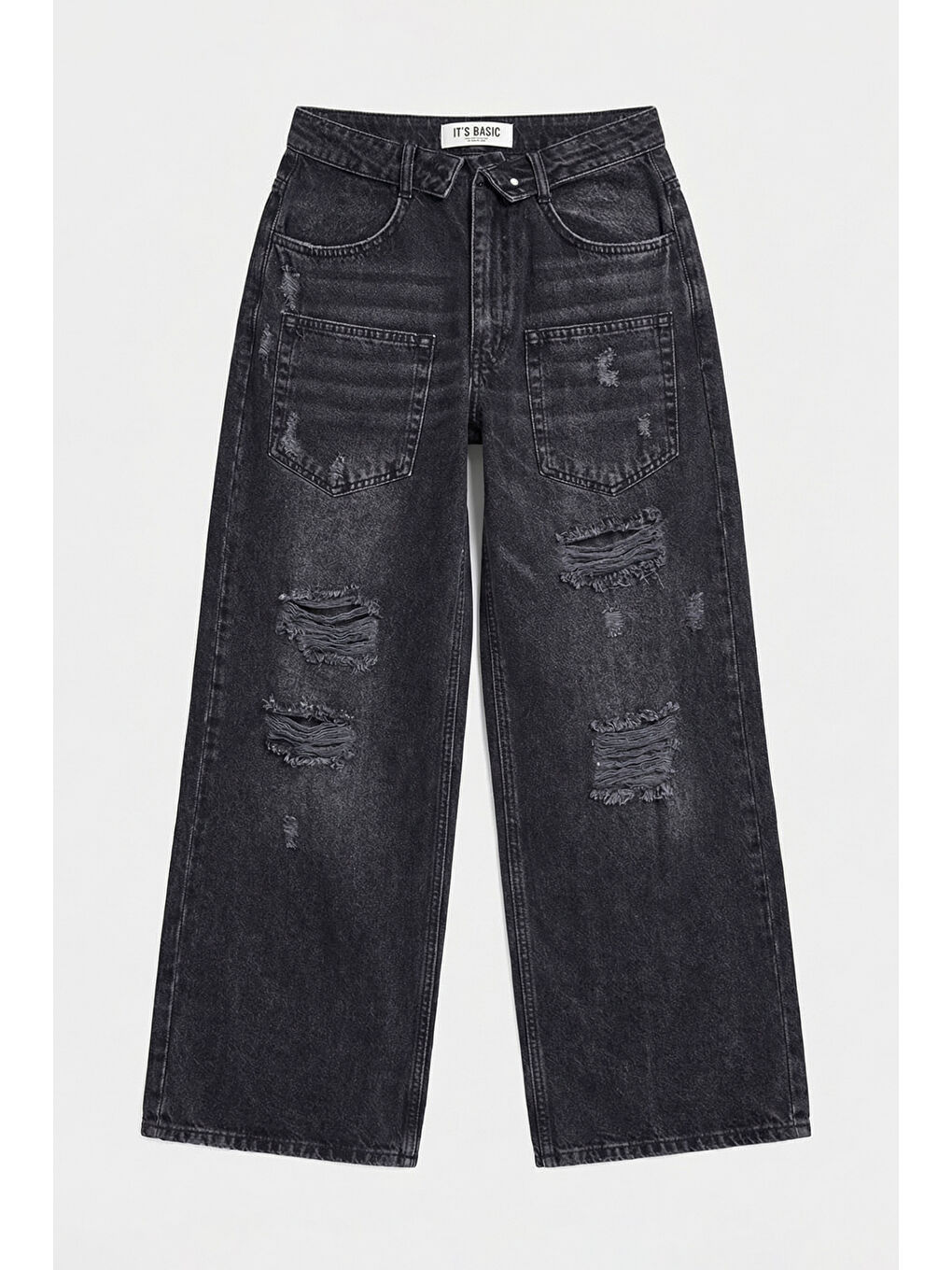 Gri Kadın Koyu Füme 10s6-1 Süper Baggy Kemer ve Yırtık Detaylı Özel Tasarım Denim Jean-3