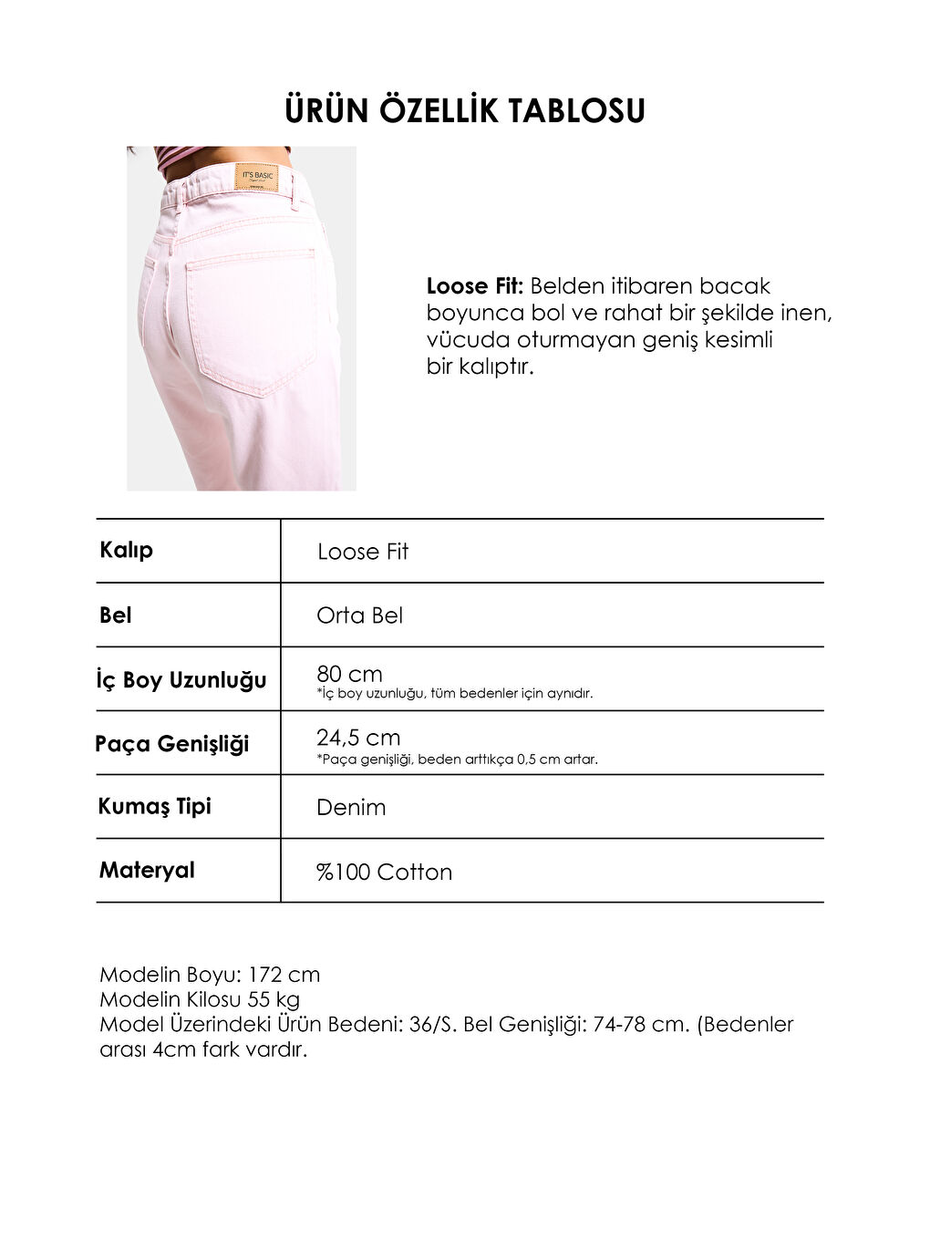 Kadın Pembe 3s6-98 Loose Fit Orta Bel %100 Pamuk Denim Jean-6