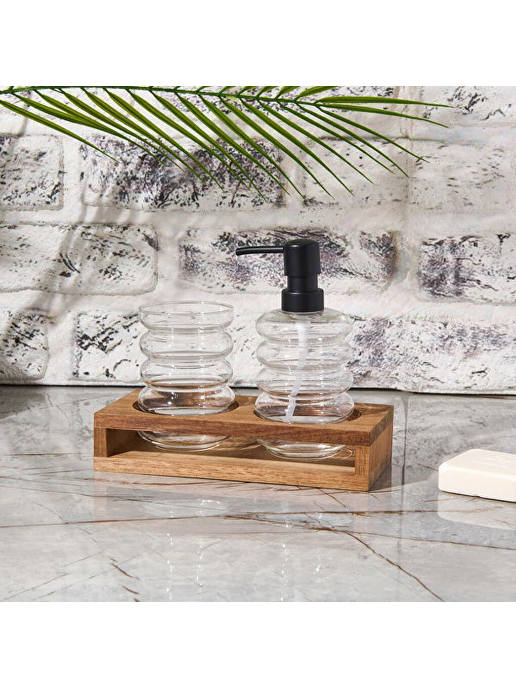 Renksiz Cam 2'li Halka Sıvı Sabunluk Seti - Şeffaf / Siyah / Kahverengi-3