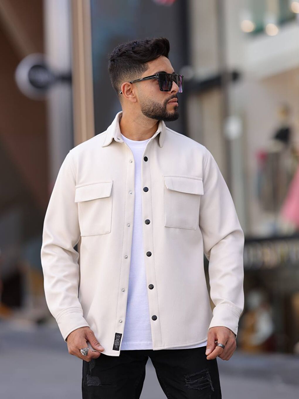 Bej Erkek Kaplamalı Yün Effectli Örme Gömlek-1