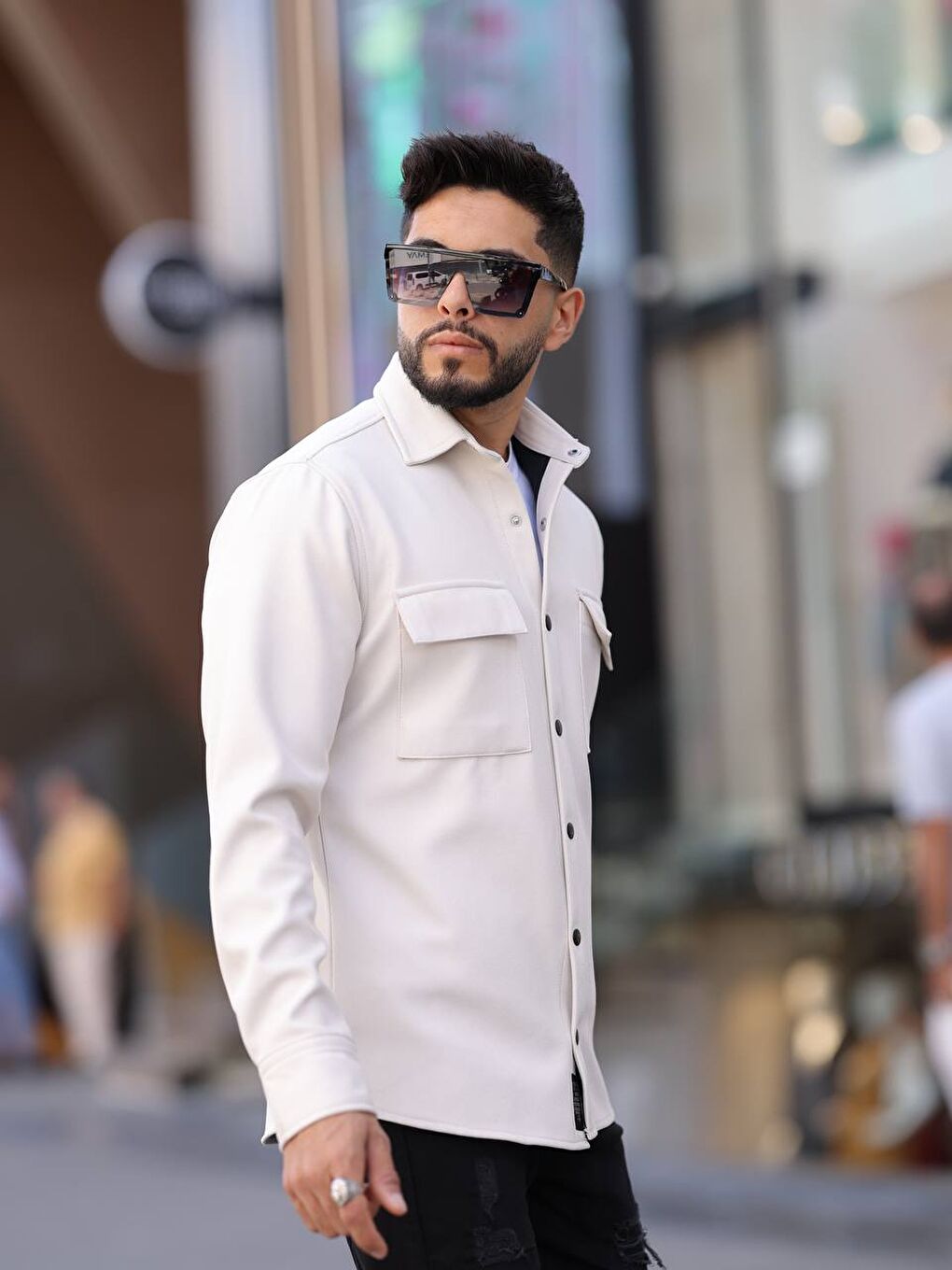 Bej Erkek Kaplamalı Yün Effectli Örme Gömlek-2