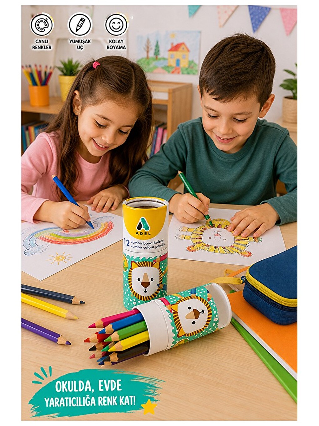 12 Li Jumbo Kuru Boya Kalemi Teneke Kutu 1 Paket Adel Kalın 12 Renk Jumbo Kuruboya Tam Boy Renkli-2