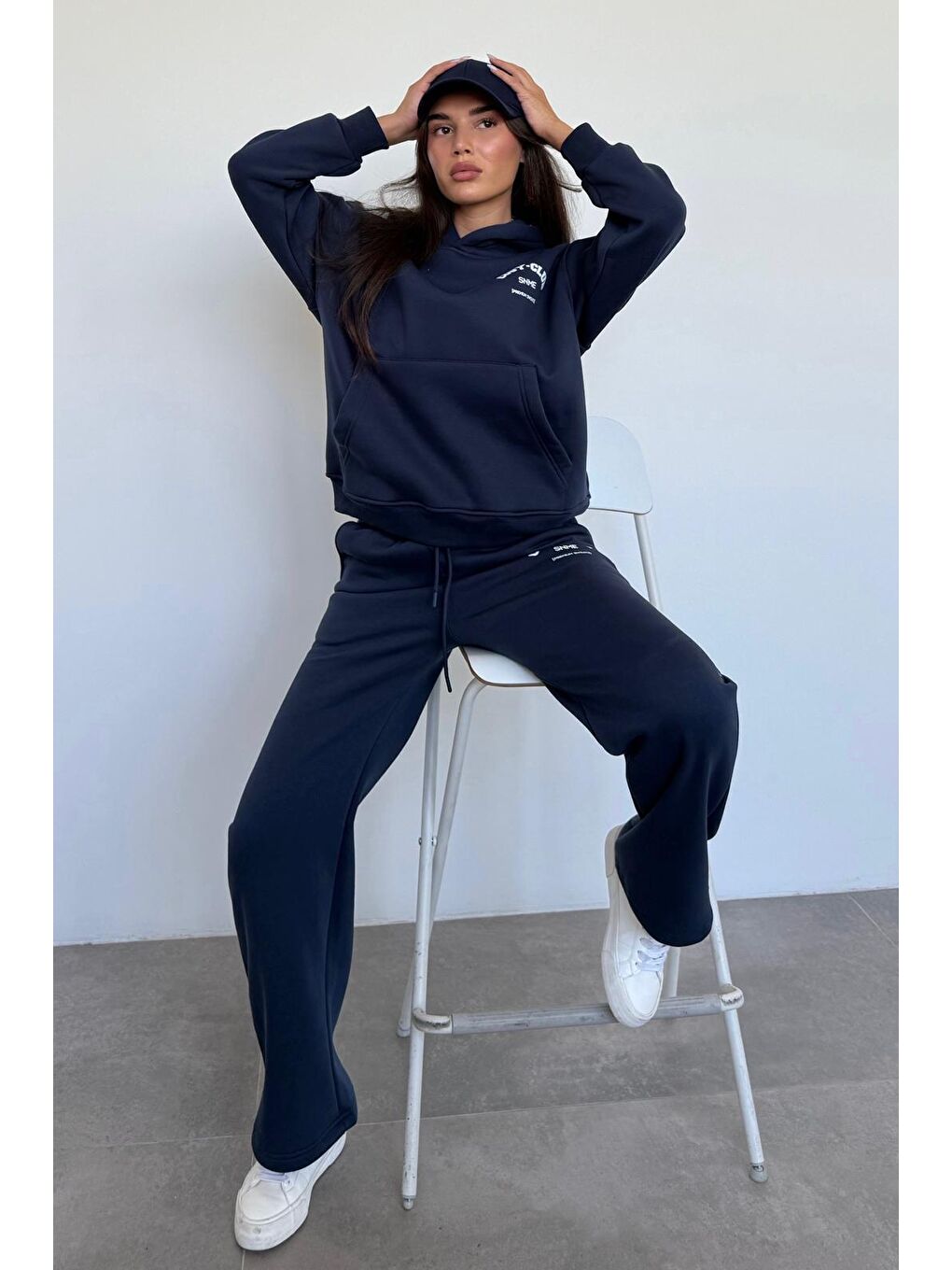Lacivert Kapüşonlu Baskılı Kadın Eşofman Takımı Mg2524-4