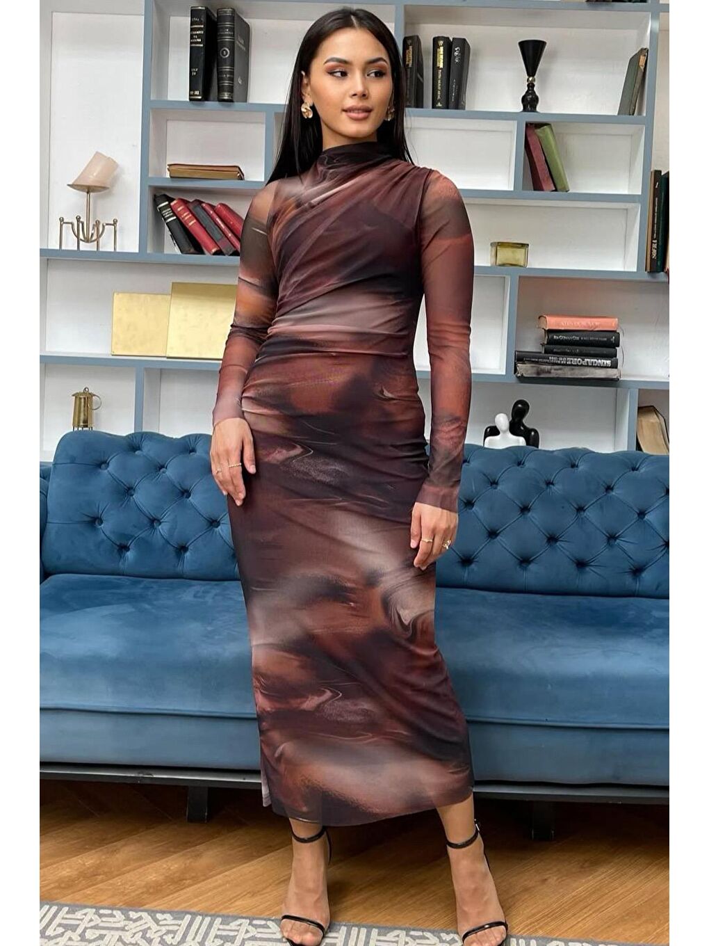 Kahverengi Desenli Uzun Kollu Tül Elbise Mg2008-2