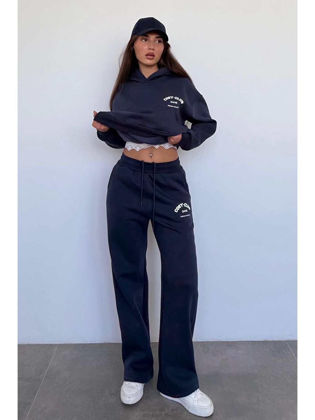 Lacivert Kapüşonlu Baskılı Kadın Eşofman Takımı Mg2524-5