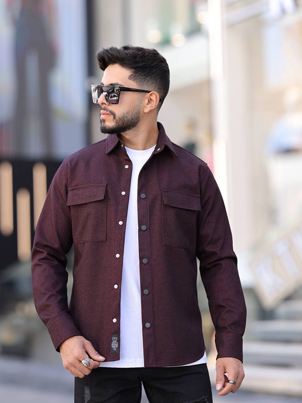 Bordo Erkek Kaplamalı Yün Effectli Örme Gömlek