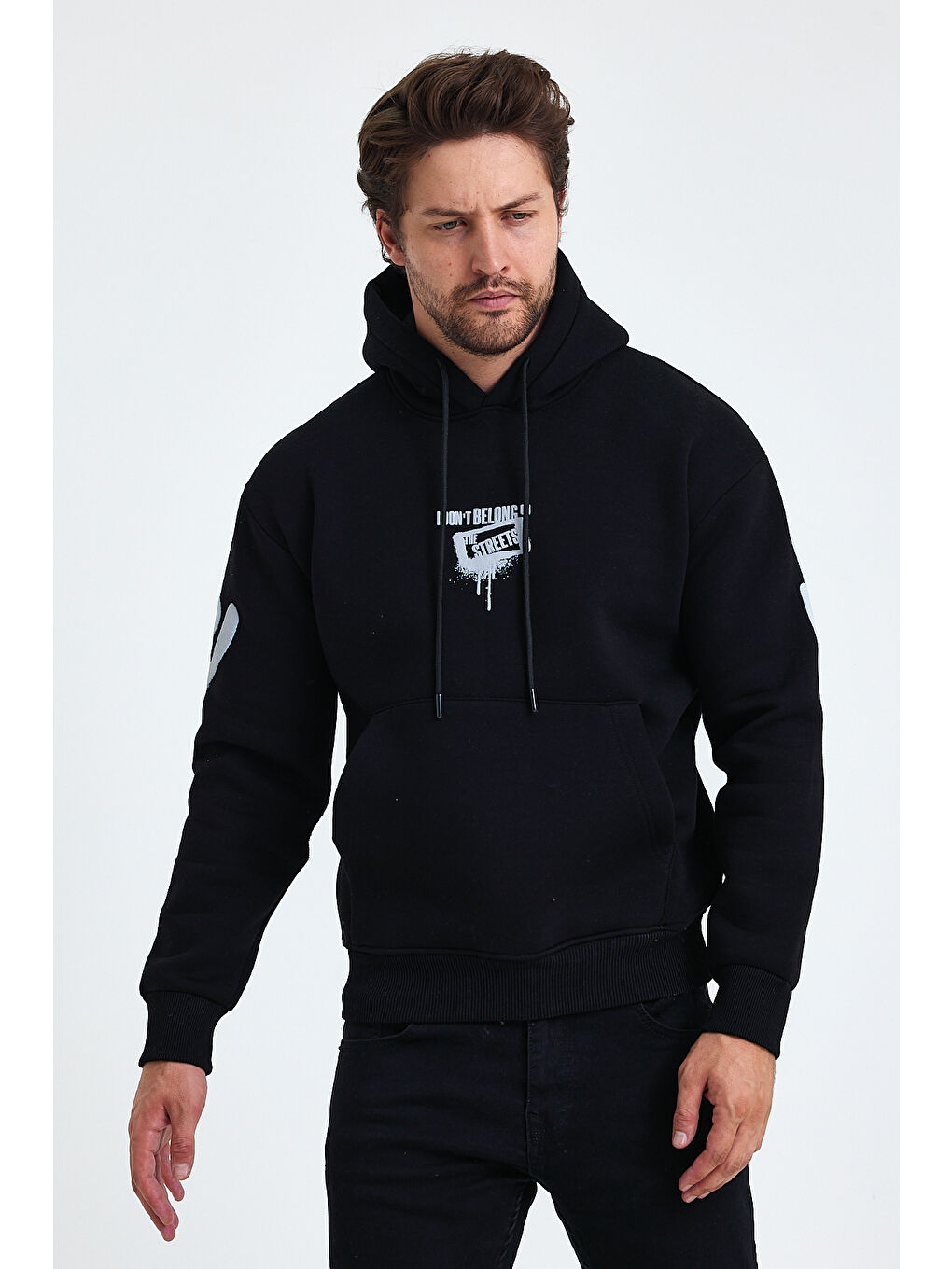 Tarz Cool Siyah Erkek Standart Fit Normal Kesim Içi Polarlı 3 Iplik Kapüşonlu Pamuklu Sweatshirt