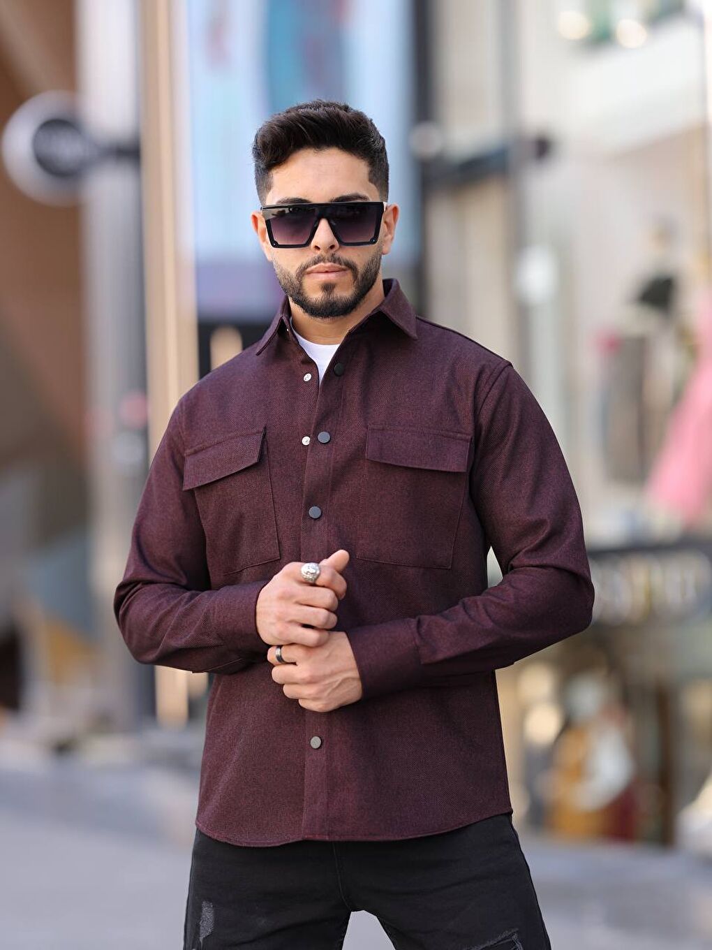 Bordo Erkek Kaplamalı Yün Effectli Örme Gömlek-1