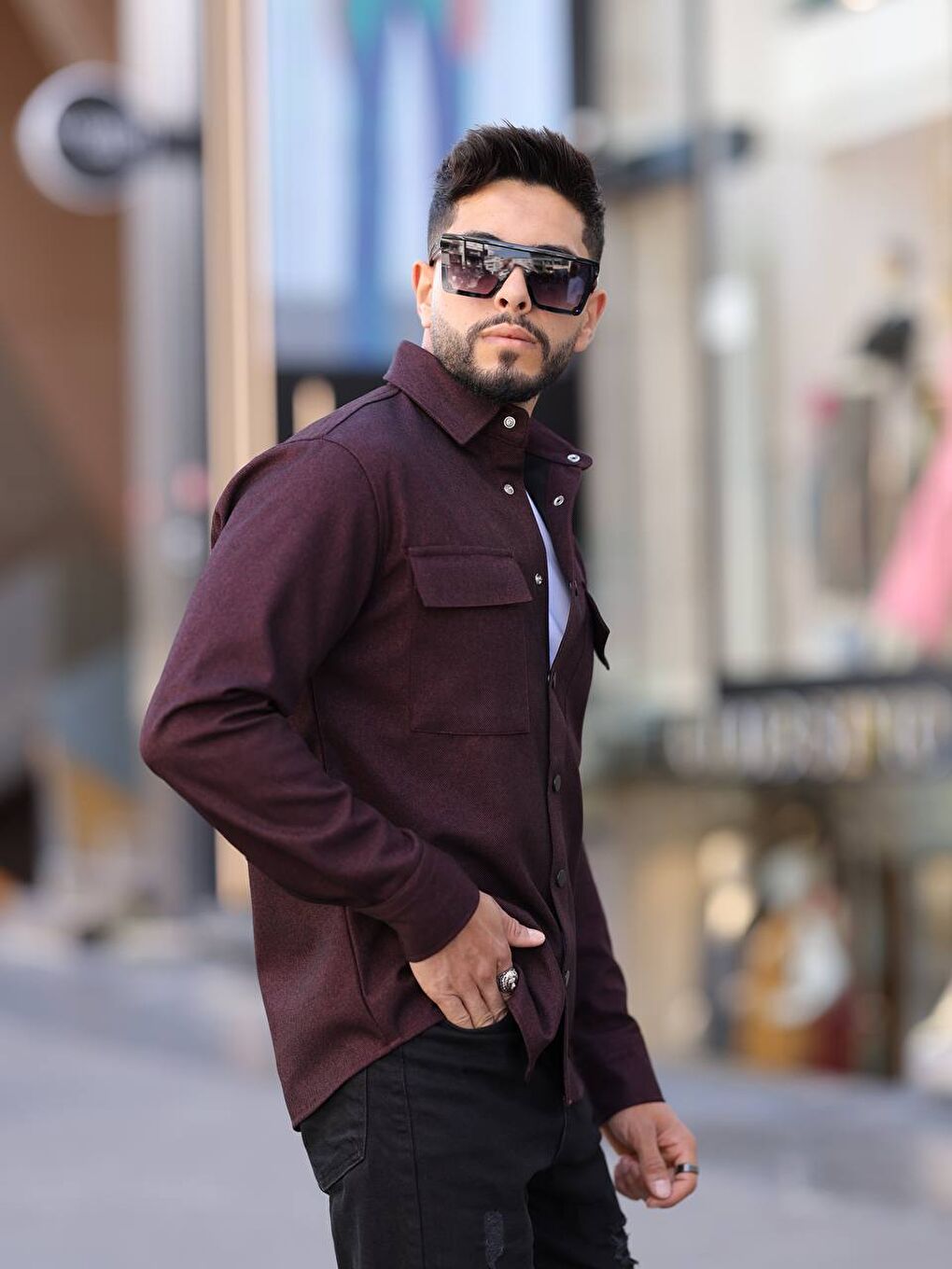 Bordo Erkek Kaplamalı Yün Effectli Örme Gömlek-2