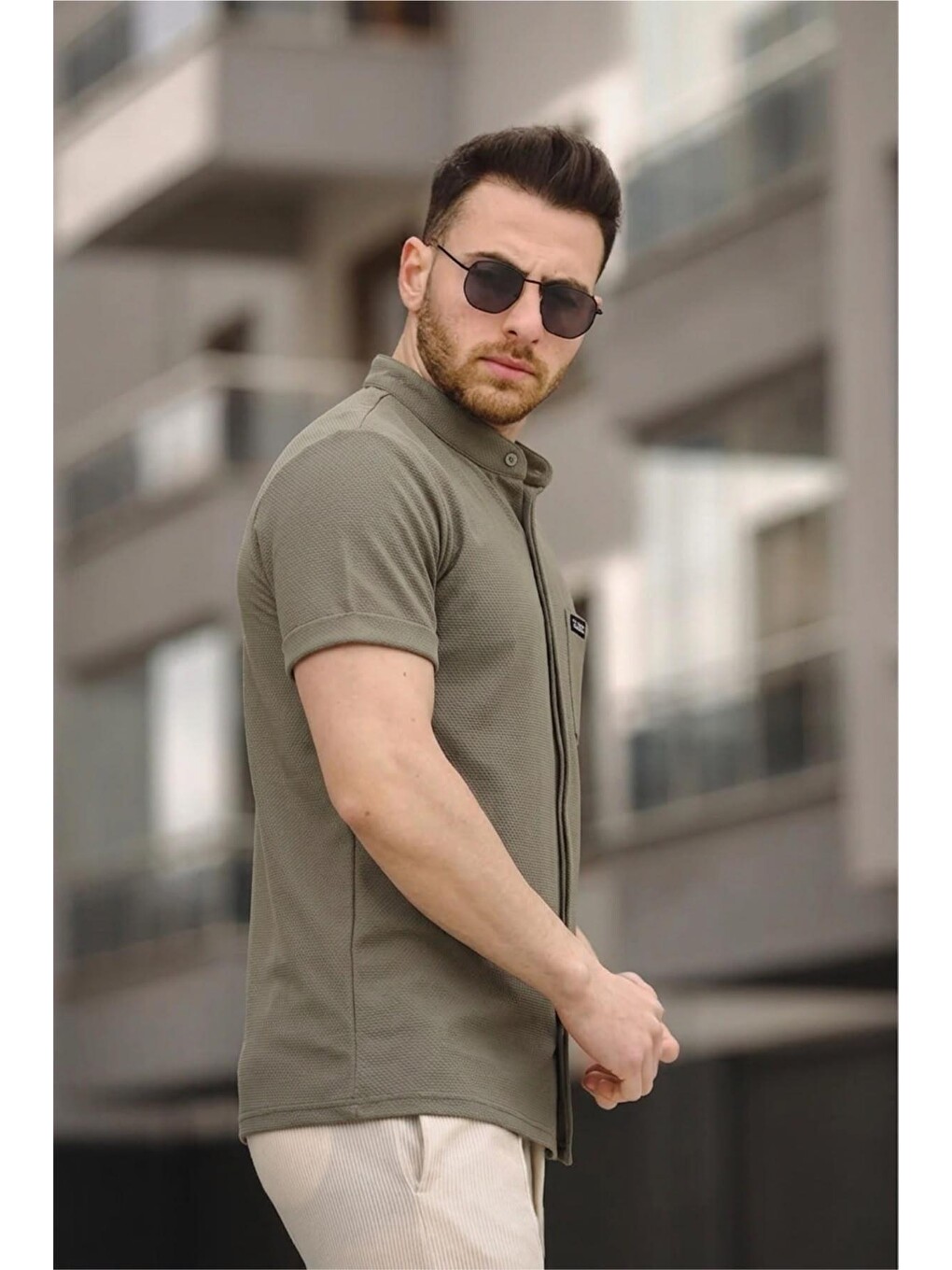 Dennie Tek Cep Gizli Düğmeli Waffle Kumaş Slim Kısa Kol Hakim Yaka Erkek Gömlek-1