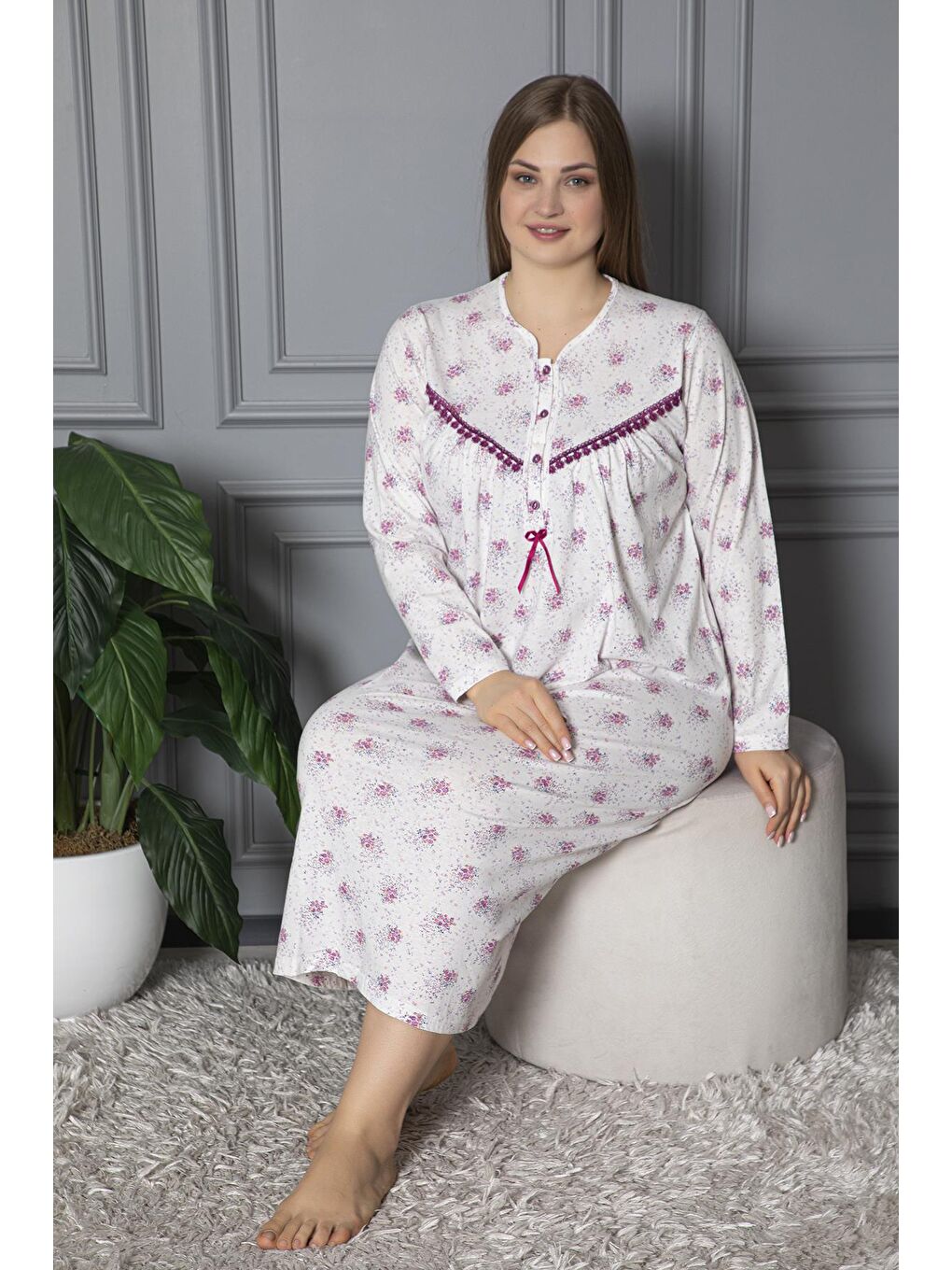 Mürdüm %100 Pamuklu Uzun Kollu Mevsimlik Penye Büyük Beden Anne Geceliği 624-1