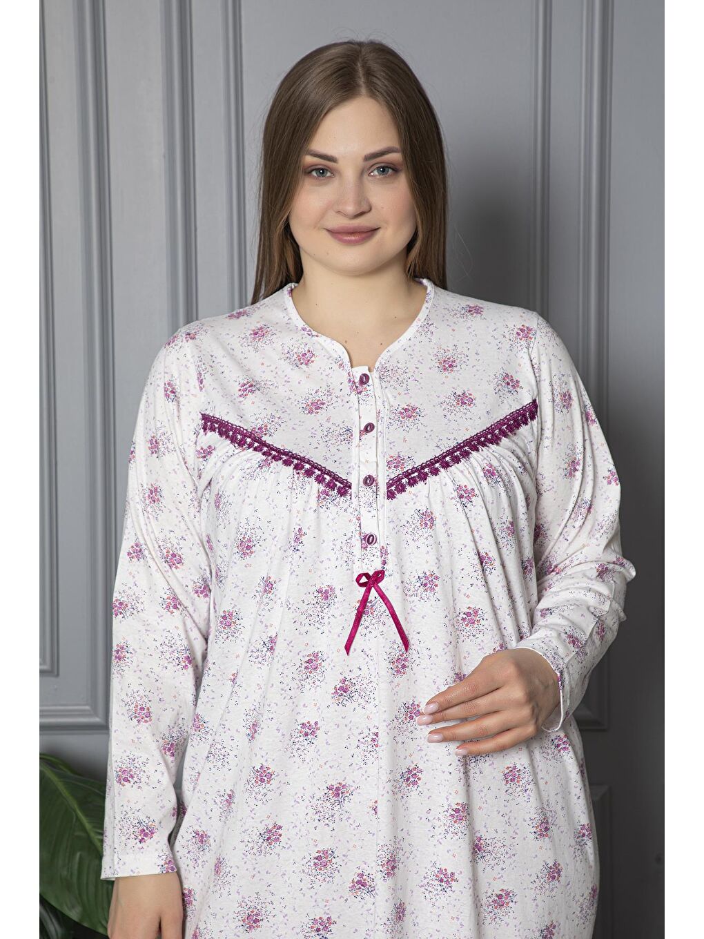 Mürdüm %100 Pamuklu Uzun Kollu Mevsimlik Penye Büyük Beden Anne Geceliği 624-2