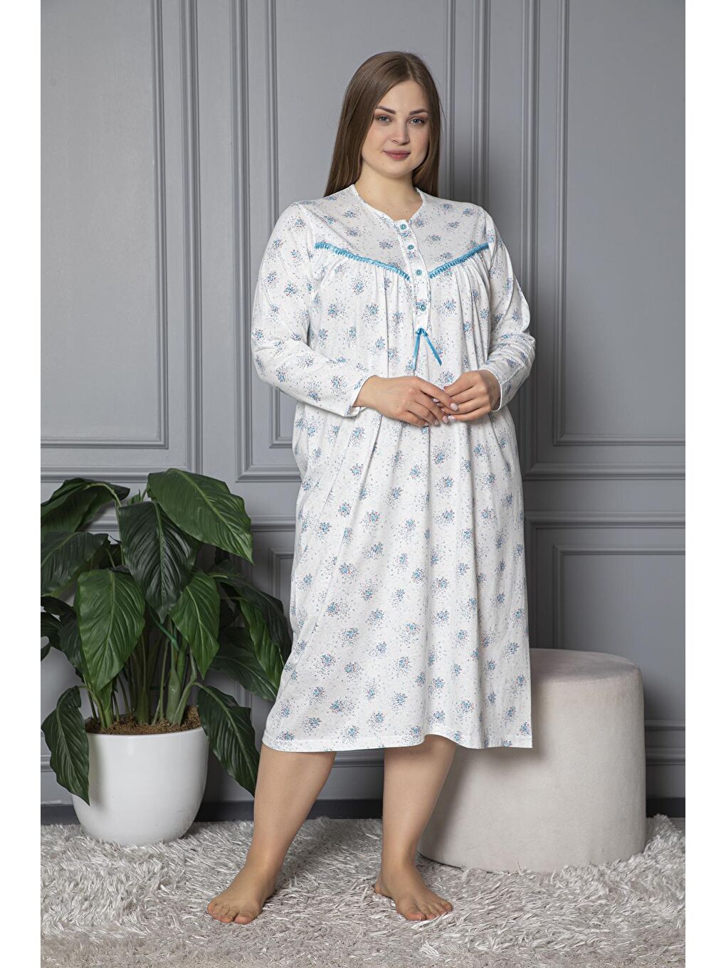 Turkuaz %100 Pamuklu Uzun Kollu Mevsimlik Penye Büyük Beden Anne Geceliği 624-1