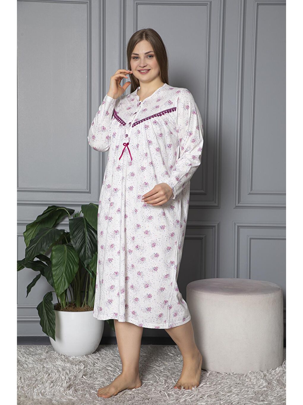 Mürdüm %100 Pamuklu Uzun Kollu Mevsimlik Penye Büyük Beden Anne Geceliği 624-3