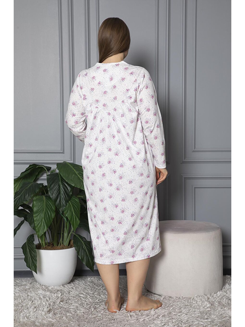 Mürdüm %100 Pamuklu Uzun Kollu Mevsimlik Penye Büyük Beden Anne Geceliği 624-4
