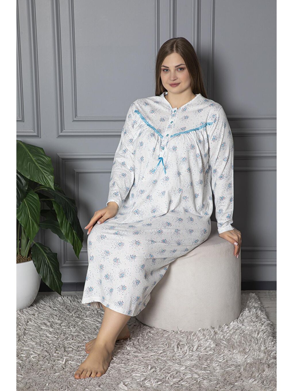 Turkuaz %100 Pamuklu Uzun Kollu Mevsimlik Penye Büyük Beden Anne Geceliği 624-2