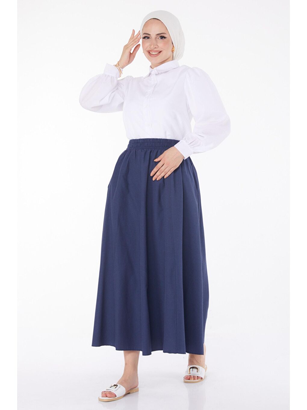 Orta Kadın Lacivert Popli Dikişli Etek - 25894-1
