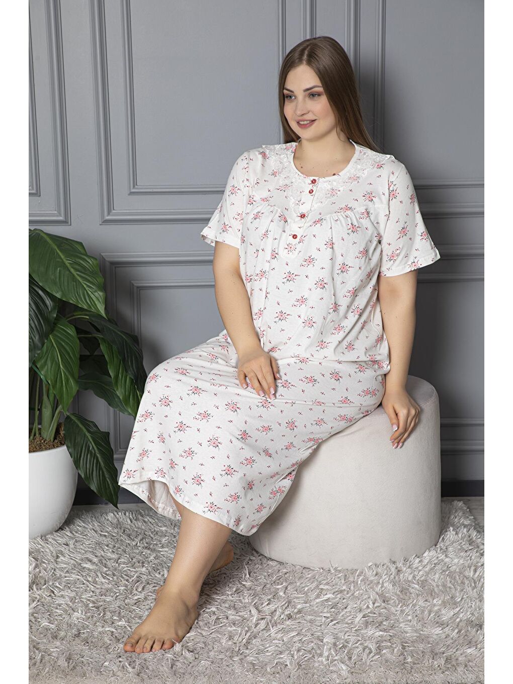Pembe %100 Pamuklu Penye Kısa Kollu Büyük Beden Anne Geceliği 584-1