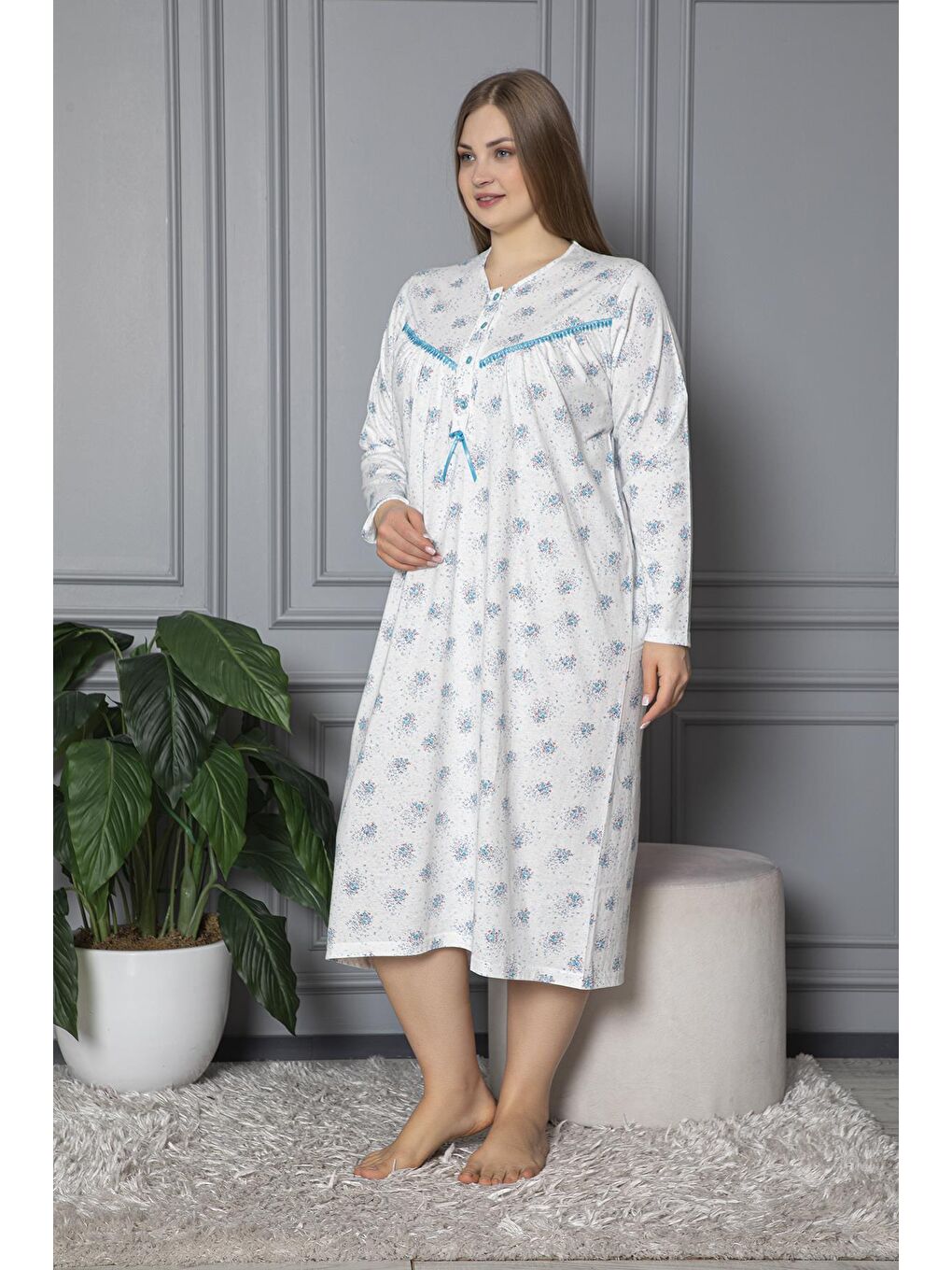 Turkuaz %100 Pamuklu Uzun Kollu Mevsimlik Penye Büyük Beden Anne Geceliği 624-3