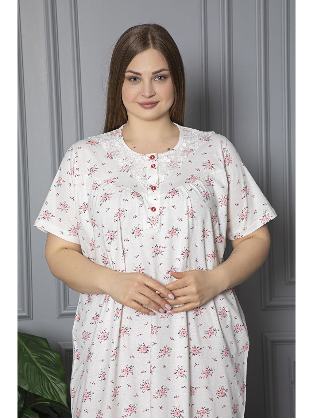 Pembe %100 Pamuklu Penye Kısa Kollu Büyük Beden Anne Geceliği 584-2