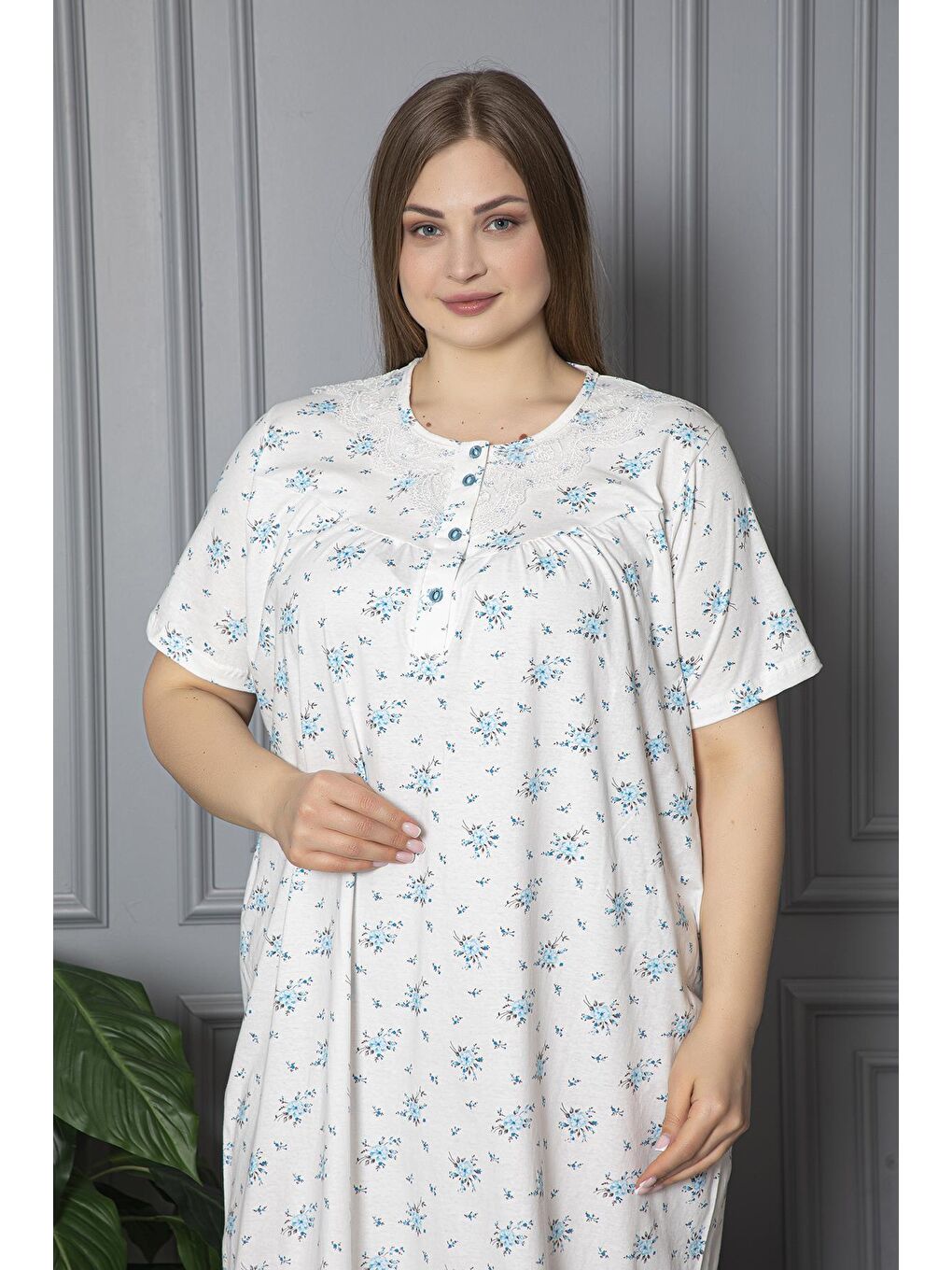 Mavi %100 Pamuklu Penye Kısa Kollu Büyük Beden Anne Geceliği 584-1