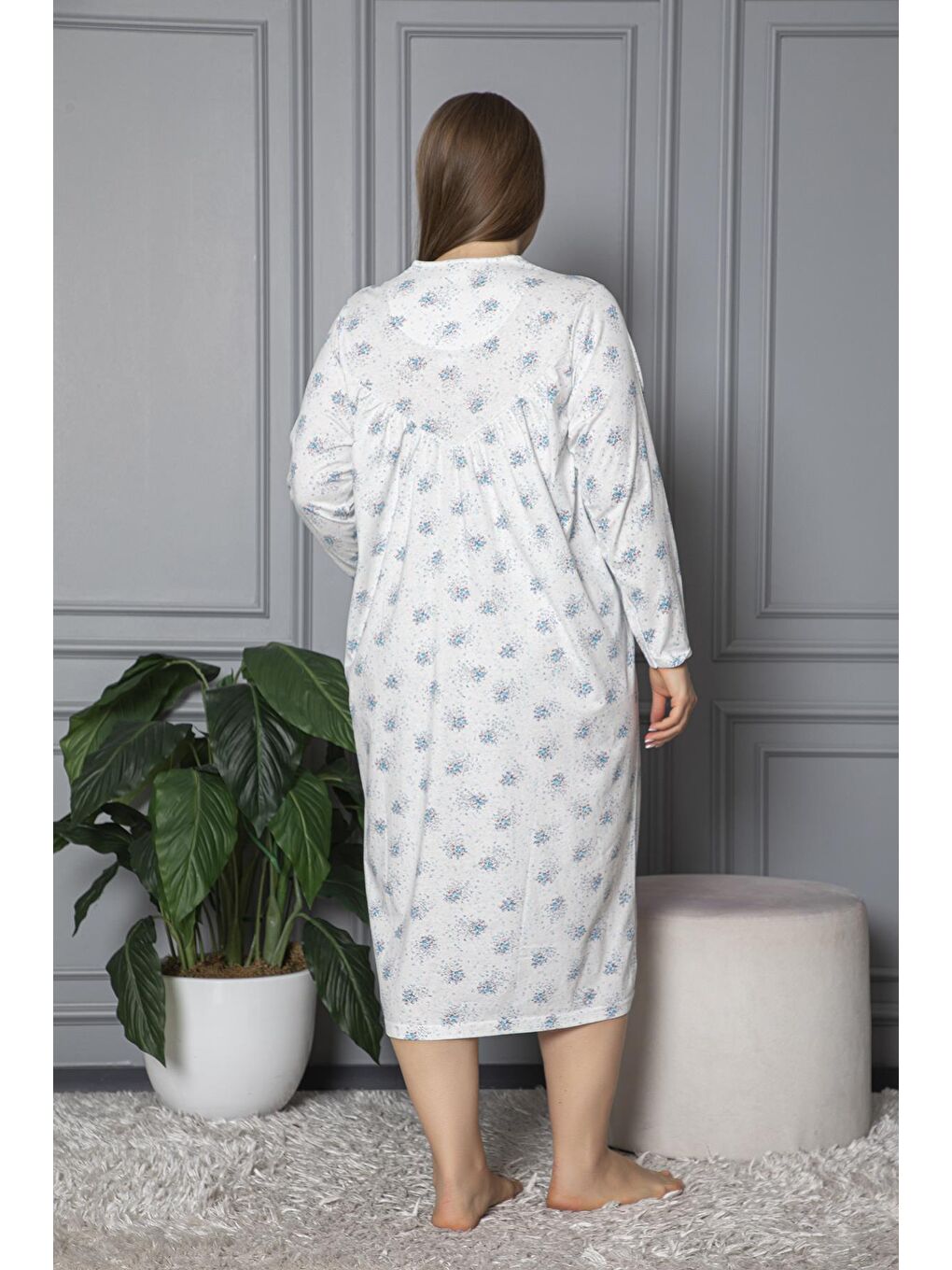 Turkuaz %100 Pamuklu Uzun Kollu Mevsimlik Penye Büyük Beden Anne Geceliği 624-4