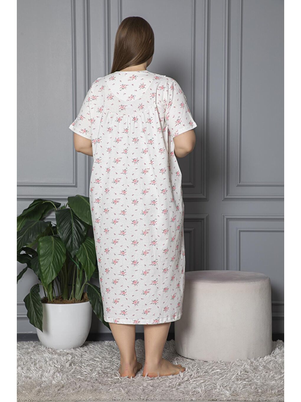 Pembe %100 Pamuklu Penye Kısa Kollu Büyük Beden Anne Geceliği 584-3