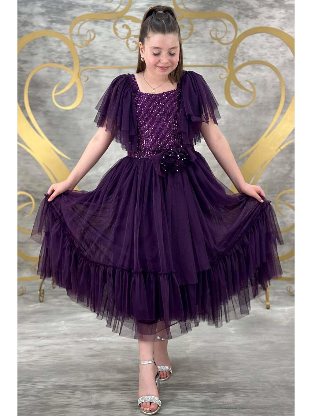 Kız Çocuk Omuzları Tüllü Göğsü Pulpayet İşlemeli Tüllü Menekşe Mor Abiye