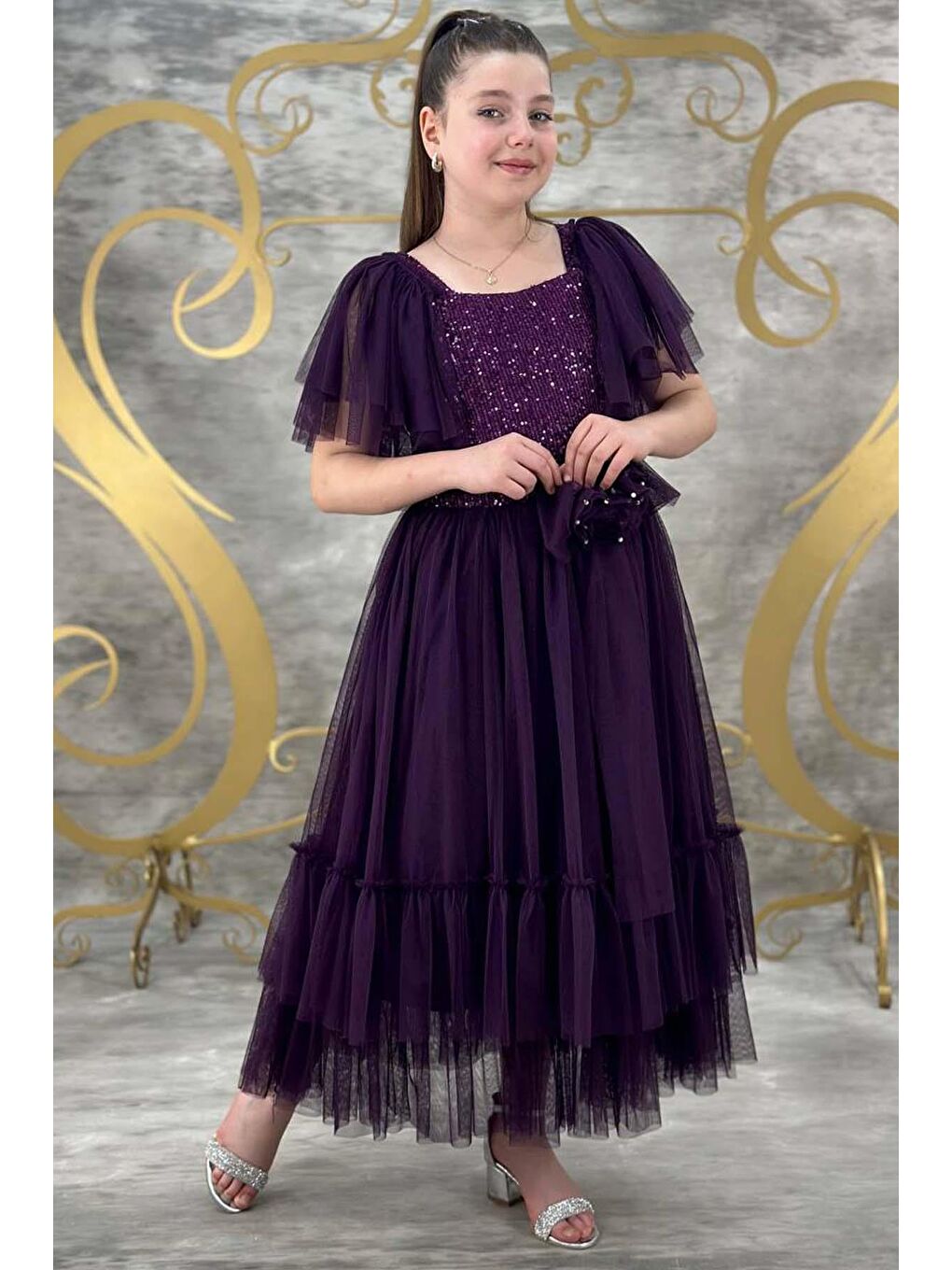 Kız Çocuk Omuzları Tüllü Göğsü Pulpayet İşlemeli Tüllü Menekşe Mor Abiye-1