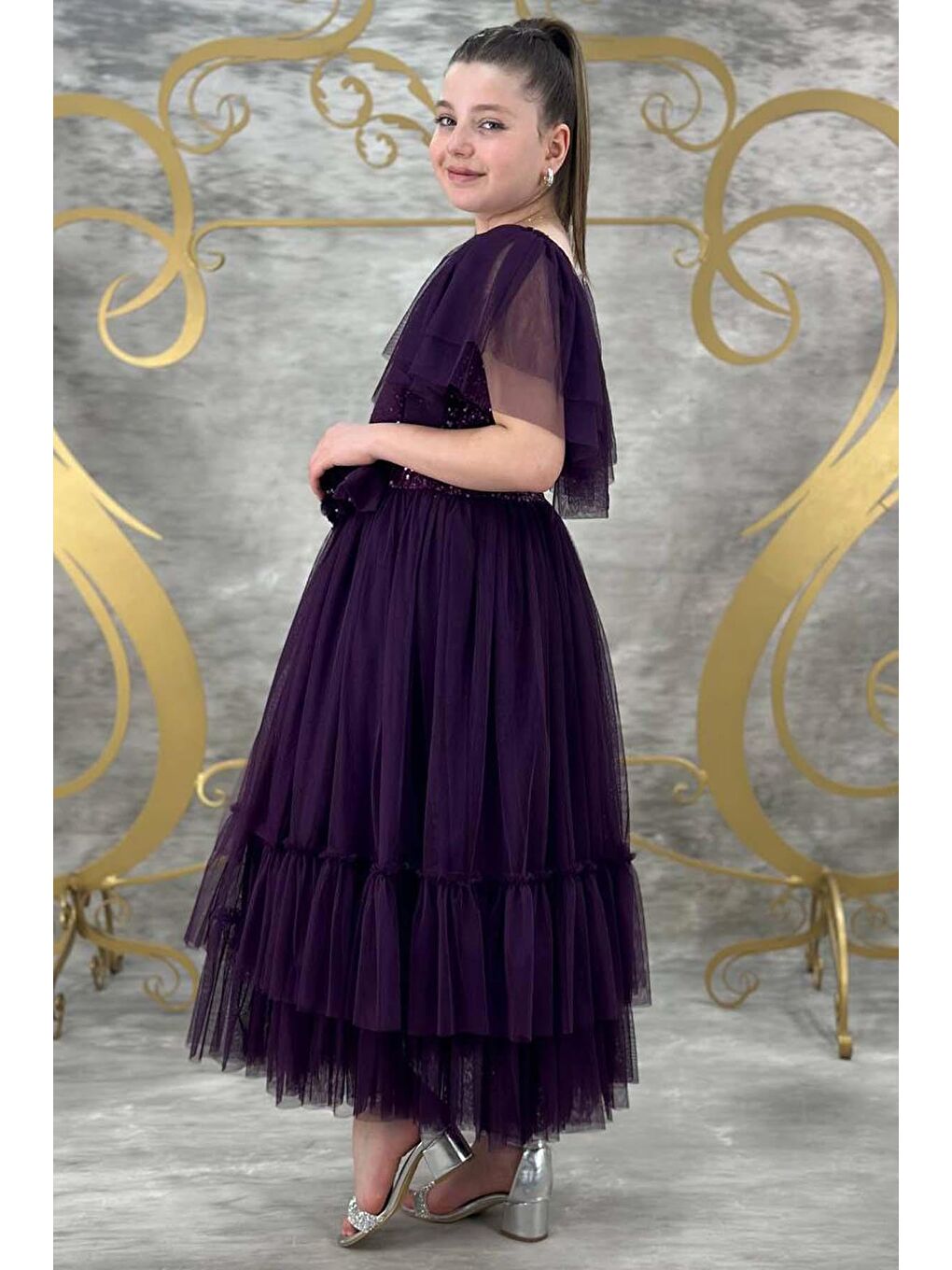 Kız Çocuk Omuzları Tüllü Göğsü Pulpayet İşlemeli Tüllü Menekşe Mor Abiye-2