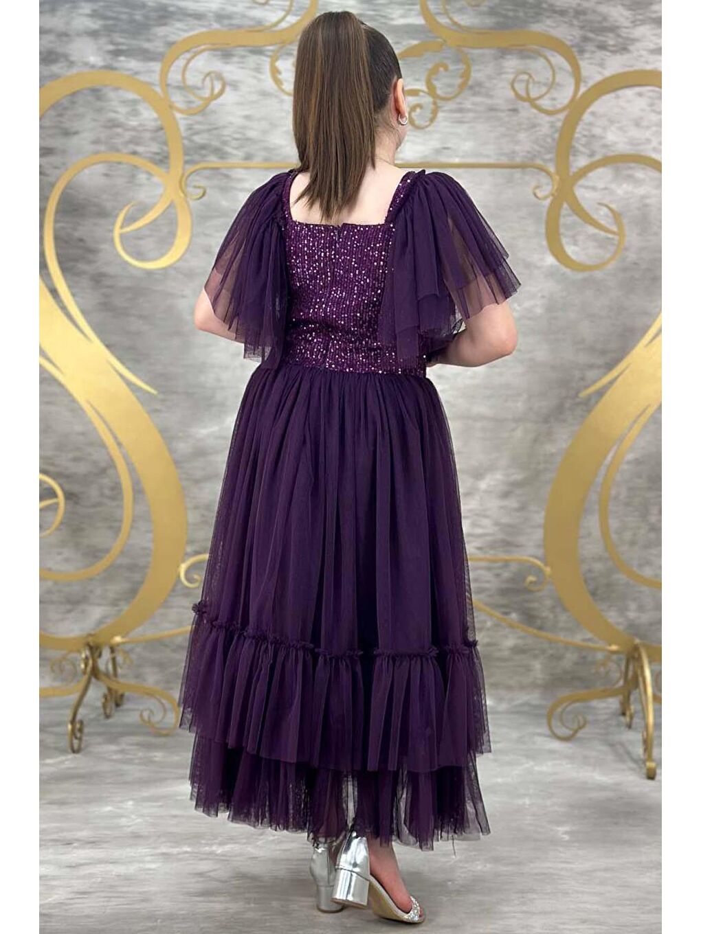 Kız Çocuk Omuzları Tüllü Göğsü Pulpayet İşlemeli Tüllü Menekşe Mor Abiye-3