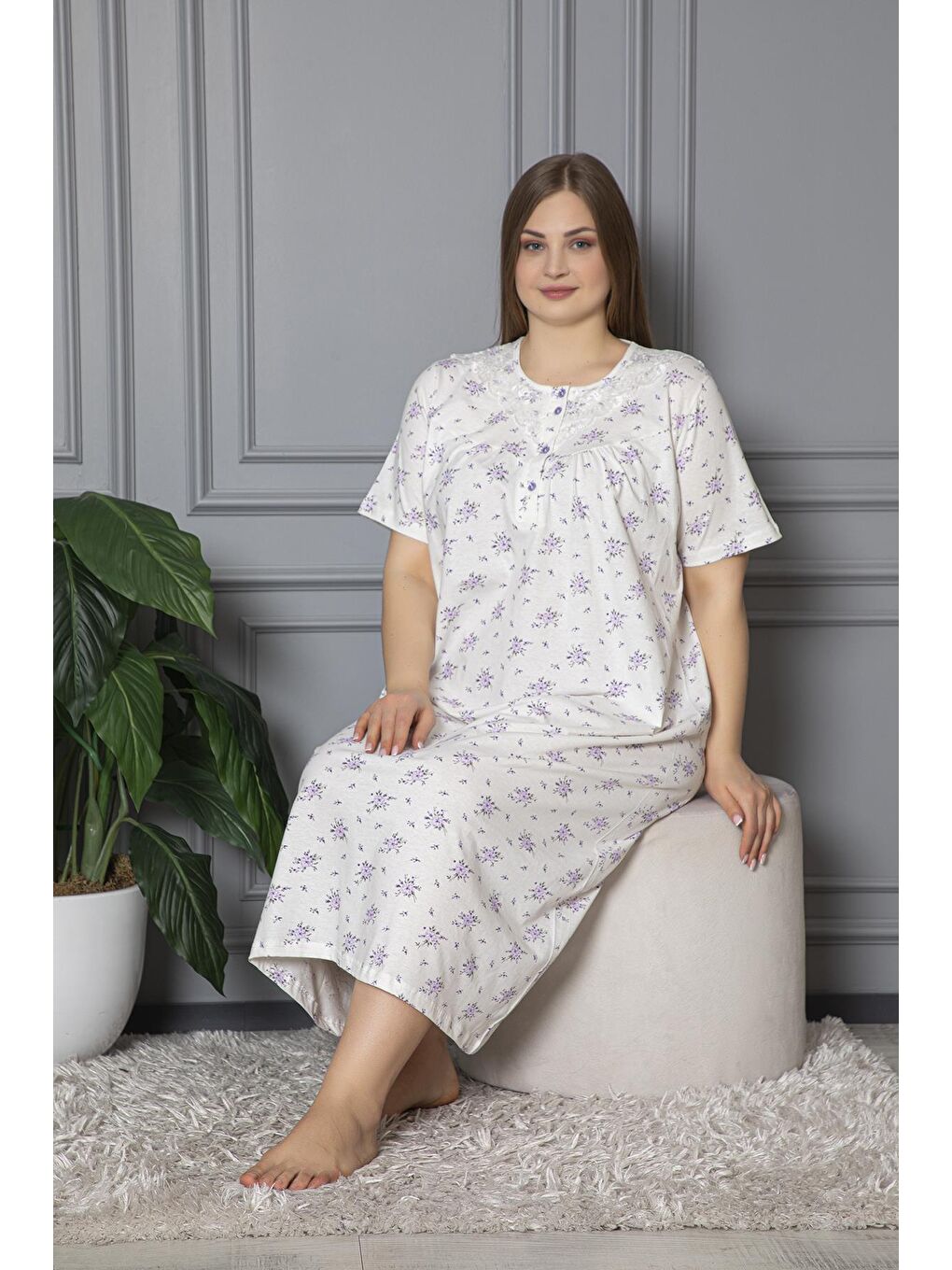 Lila %100 Pamuklu Penye Kısa Kollu Büyük Beden Anne Geceliği 584-1