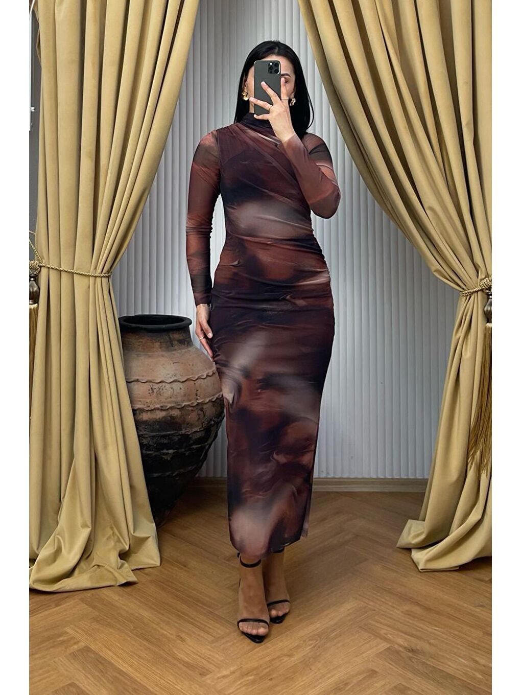 Kahverengi Desenli Uzun Kollu Tül Elbise Mg2008-3