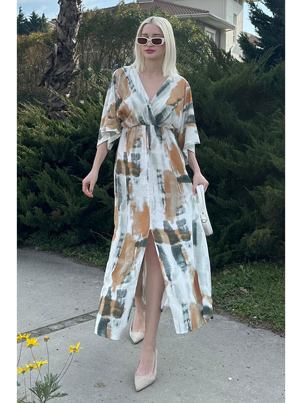 Sarı Hardal Desenli Yırtmaç Detaylı Uzun Elbise Mg2323-1