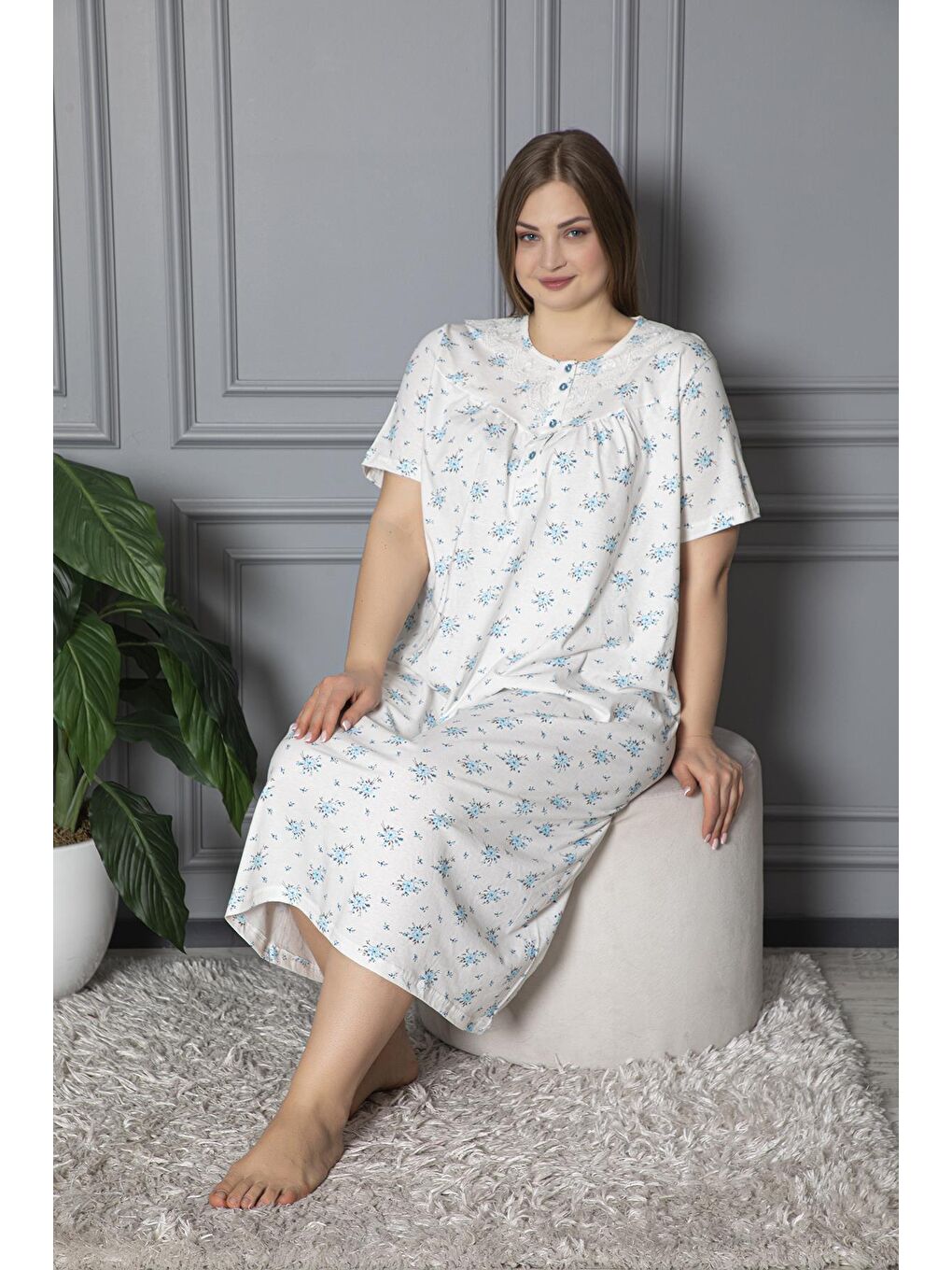 Mavi %100 Pamuklu Penye Kısa Kollu Büyük Beden Anne Geceliği 584-2
