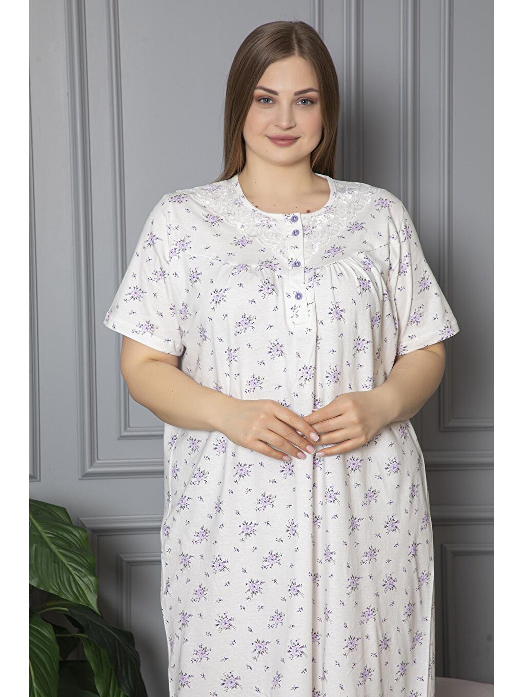Lila %100 Pamuklu Penye Kısa Kollu Büyük Beden Anne Geceliği 584-2