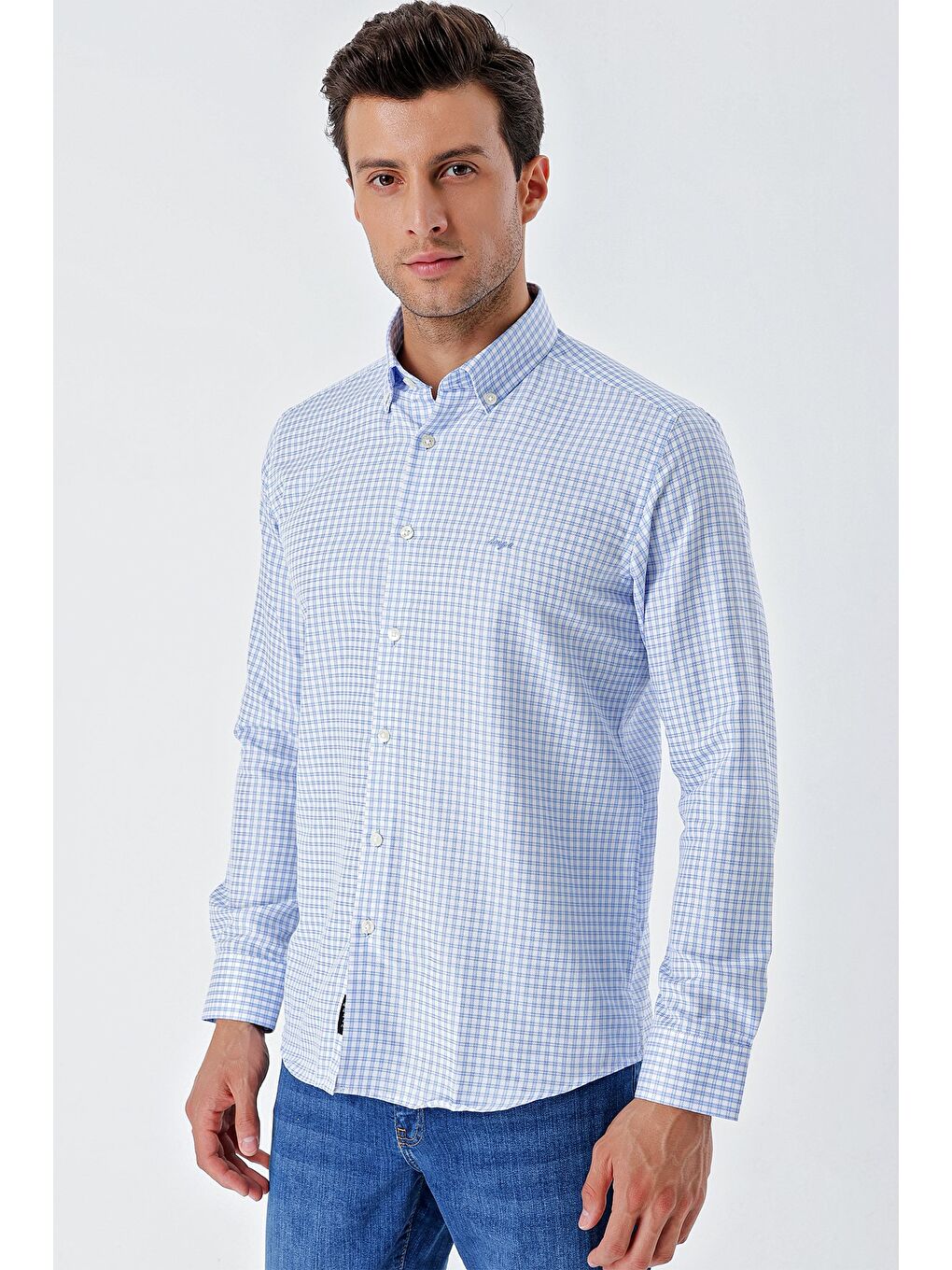 Koyu Mavi Uzun Kollu Kareli Düğmeli Yaka Cepsiz Pamuklu Klasik Slim Fit Dar Kesim Gömlek 1004230163-1