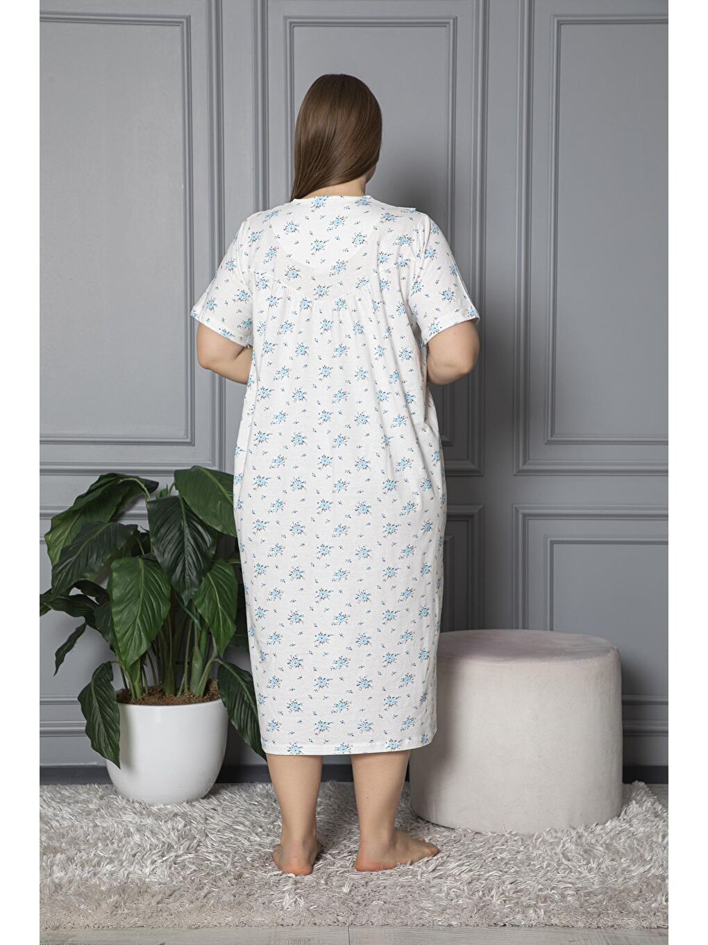 Mavi %100 Pamuklu Penye Kısa Kollu Büyük Beden Anne Geceliği 584-3